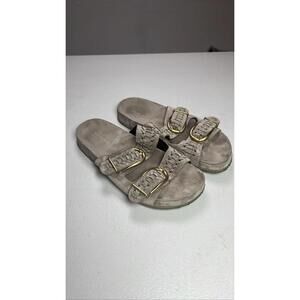 Veronica Beard Paige Buckle Slide Sandals Suede Woven Taupe Women's Size 6.5M